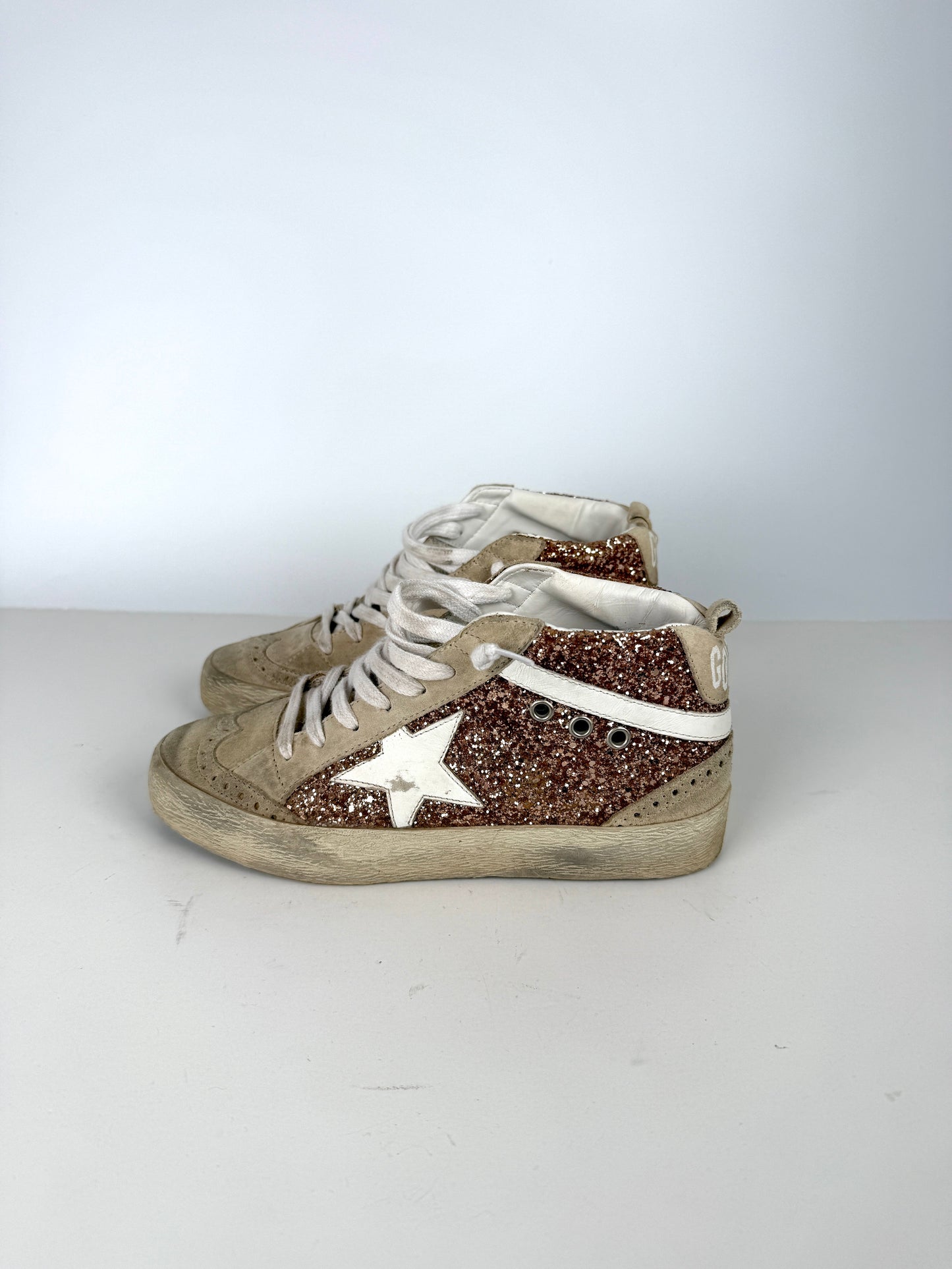 Golden Goose Midstar High Top Black Rose Gold Glitter Sneakers 37