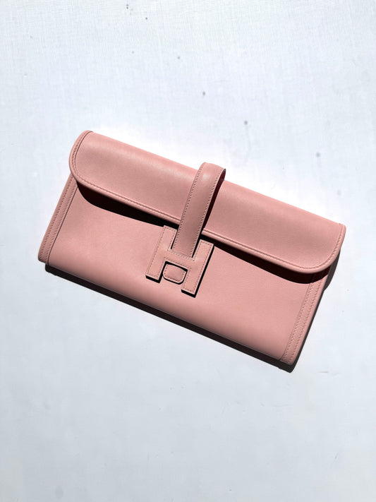 HERMES Jige Elan 29 Rose Sakura Pink Swift Leather Clutch 