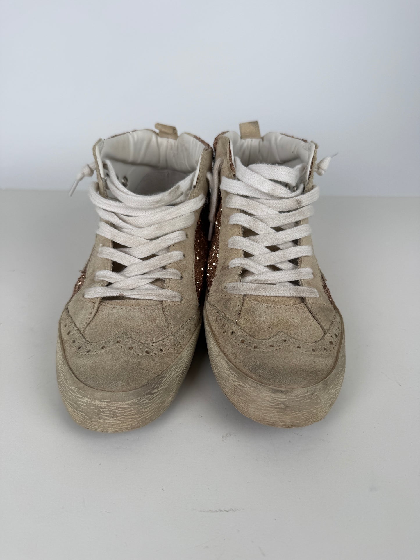 Golden Goose Midstar High Top Black Rose Gold Glitter Sneakers 37