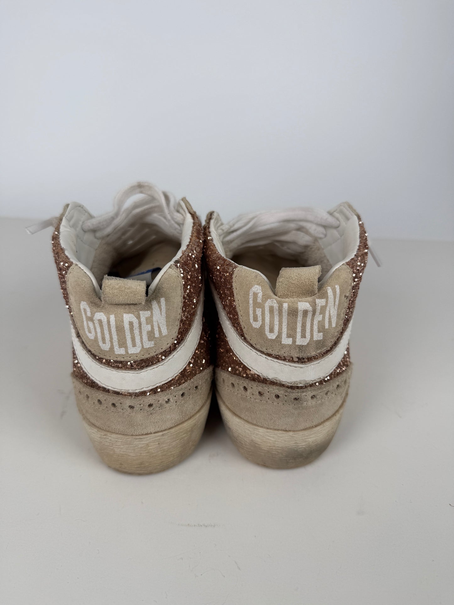 Golden Goose Midstar High Top Black Rose Gold Glitter Sneakers 37