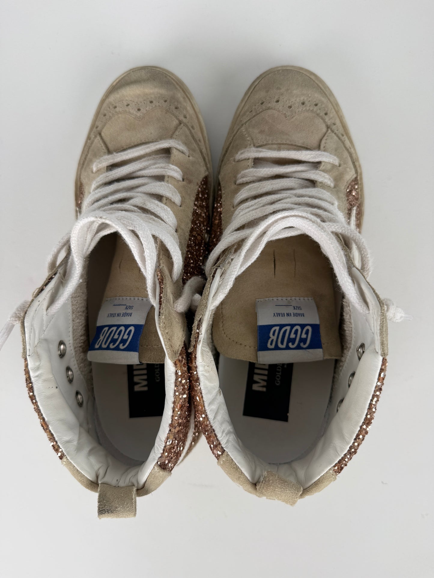 Golden Goose Midstar High Top Black Rose Gold Glitter Sneakers 37