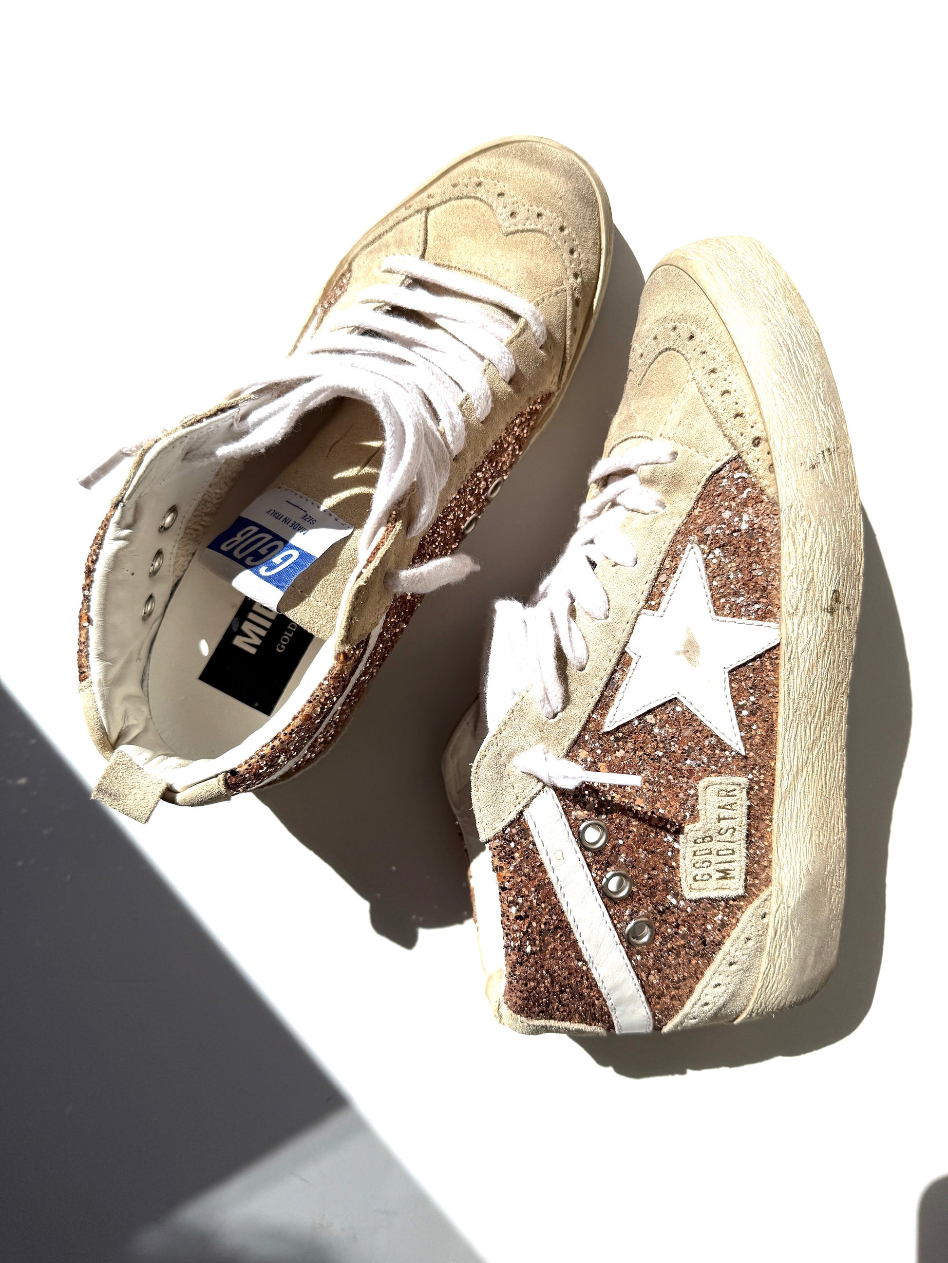 Golden Goose Midstar High Top Black Rose Gold Glitter Sneakers 37
