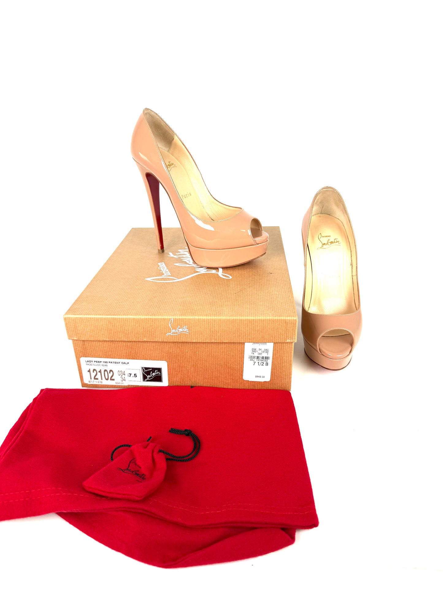 Christian Louboutin Lady Peep Nude Patent Leather Platform 150 Heel Pumps 37.5, 7