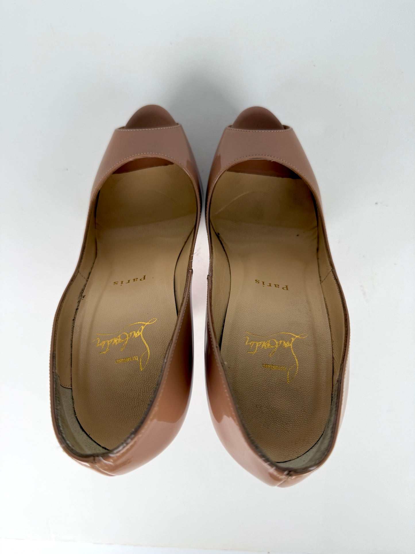 Christian Louboutin Lady Peep Nude Patent Leather Platform 150 Heel Pumps 37.5, 7