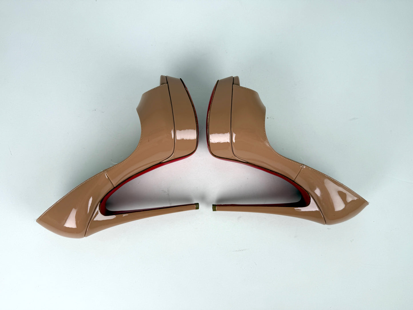 Christian Louboutin Lady Peep Nude Patent Leather Platform 150 Heel Pumps 37.5, 7