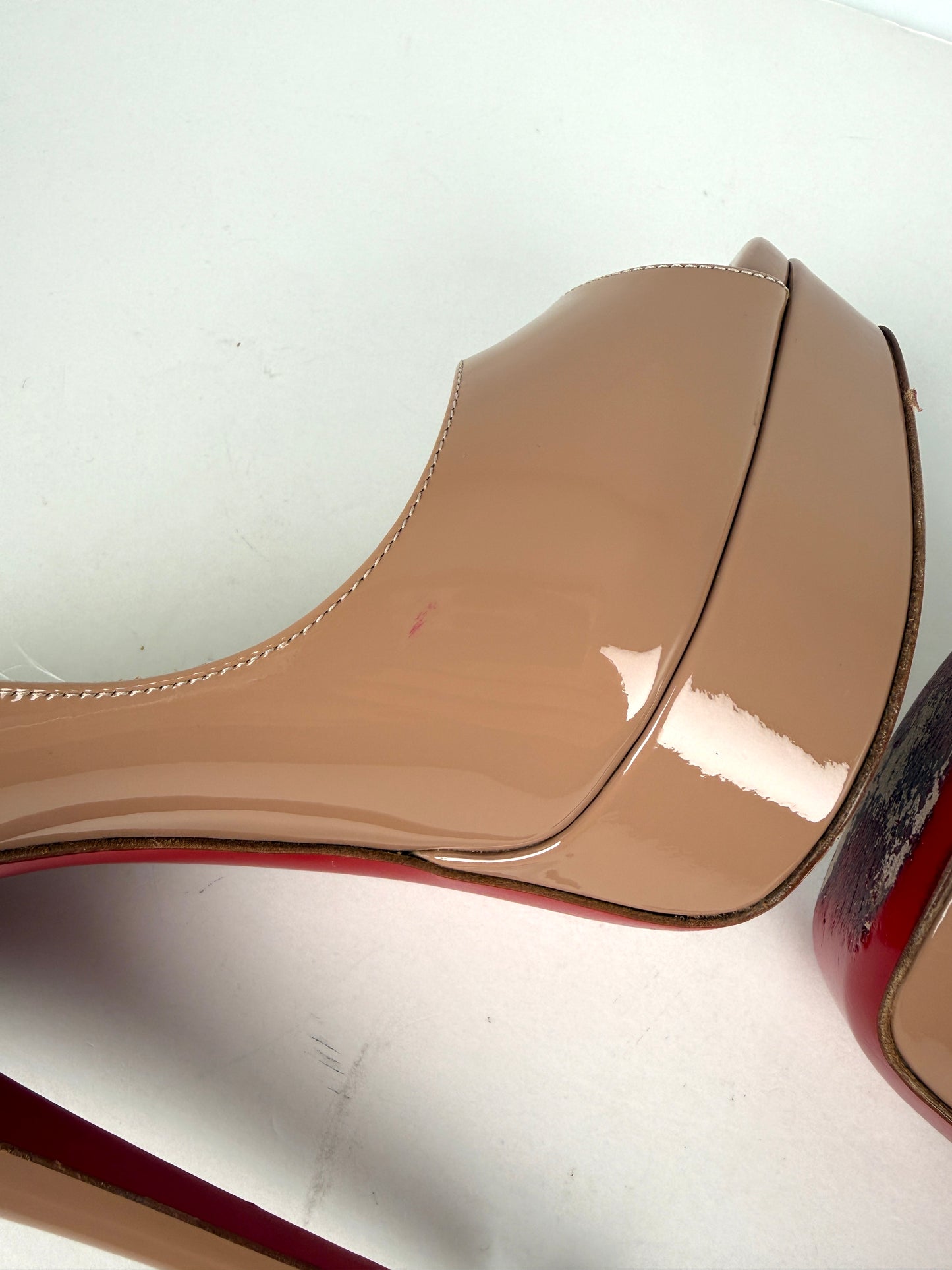 Christian Louboutin Lady Peep Nude Patent Leather Platform 150 Heel Pumps 37.5, 7