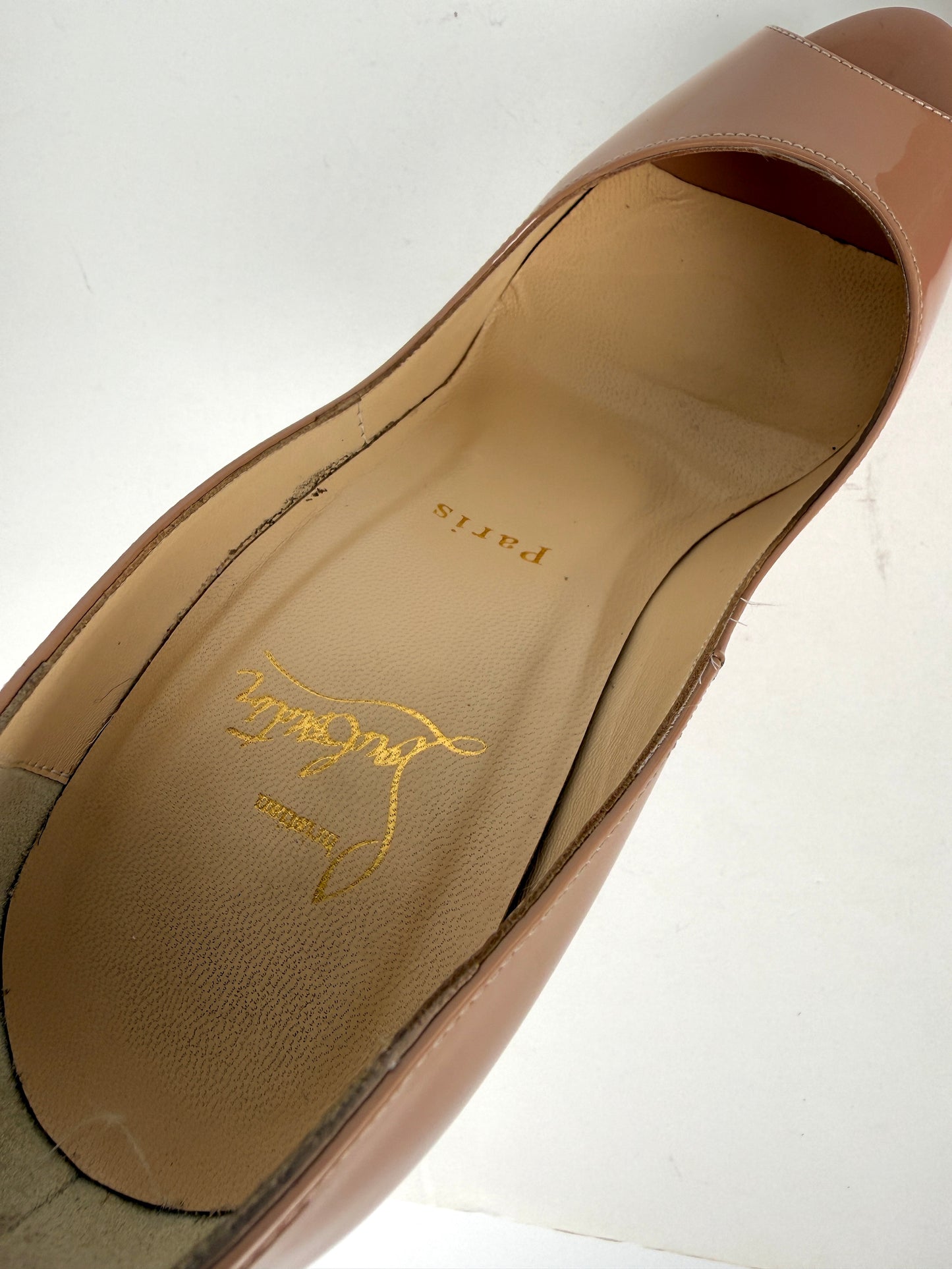 Christian Louboutin Lady Peep Nude Patent Leather Platform 150 Heel Pumps 37.5, 7
