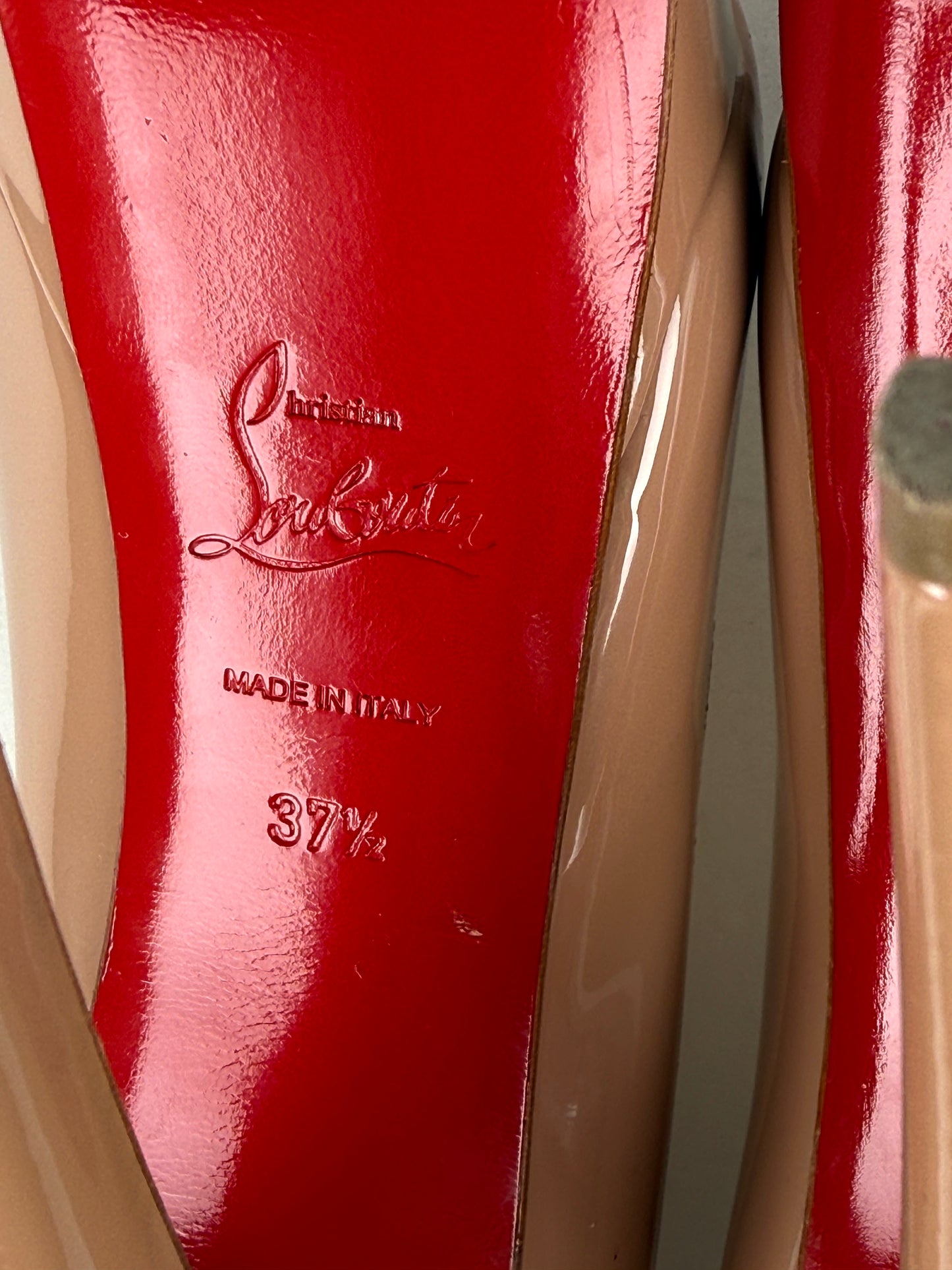 Christian Louboutin Lady Peep Nude Patent Leather Platform 150 Heel Pumps 37.5, 7