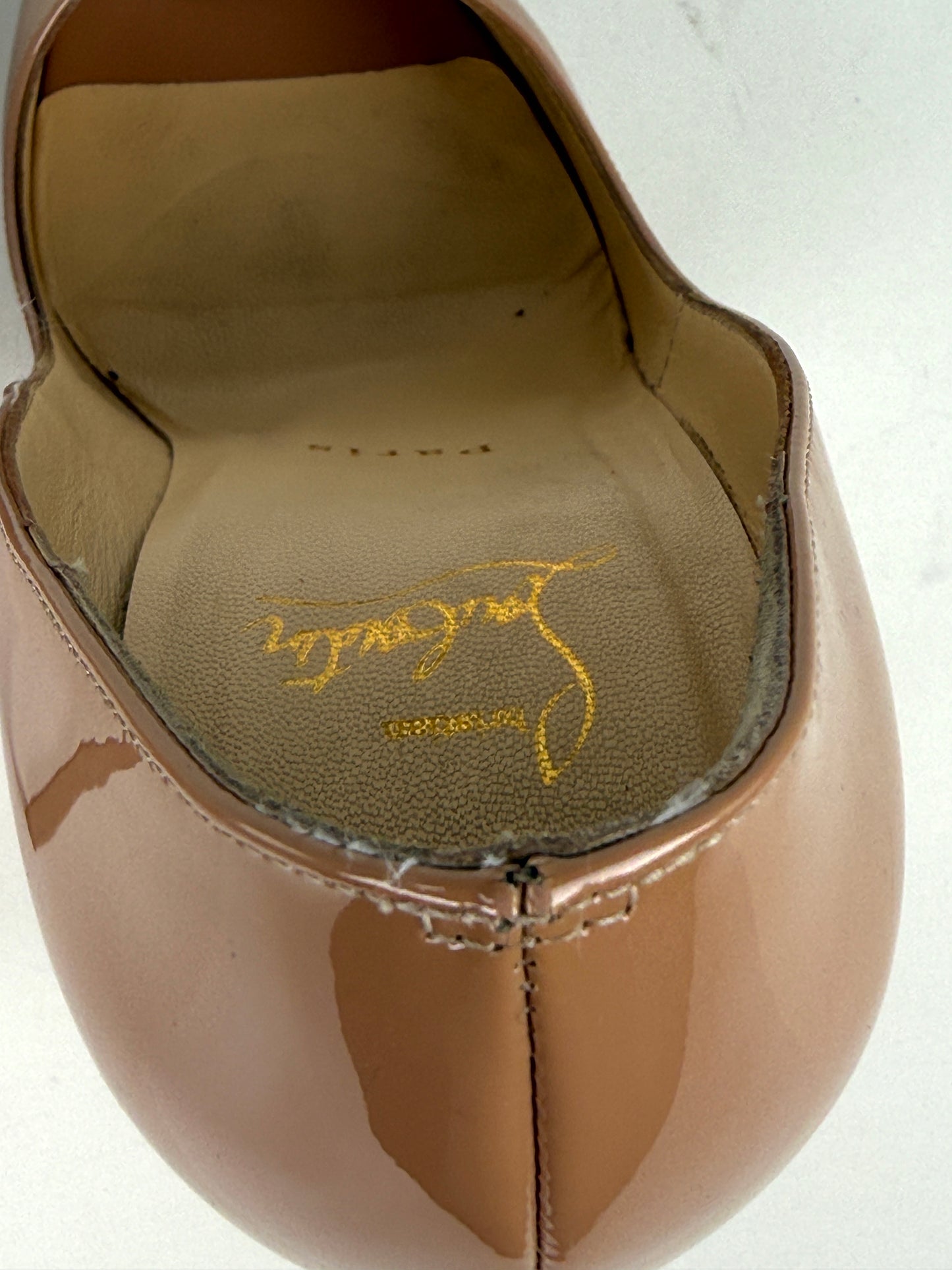 Christian Louboutin Lady Peep Nude Patent Leather Platform 150 Heel Pumps 37.5, 7