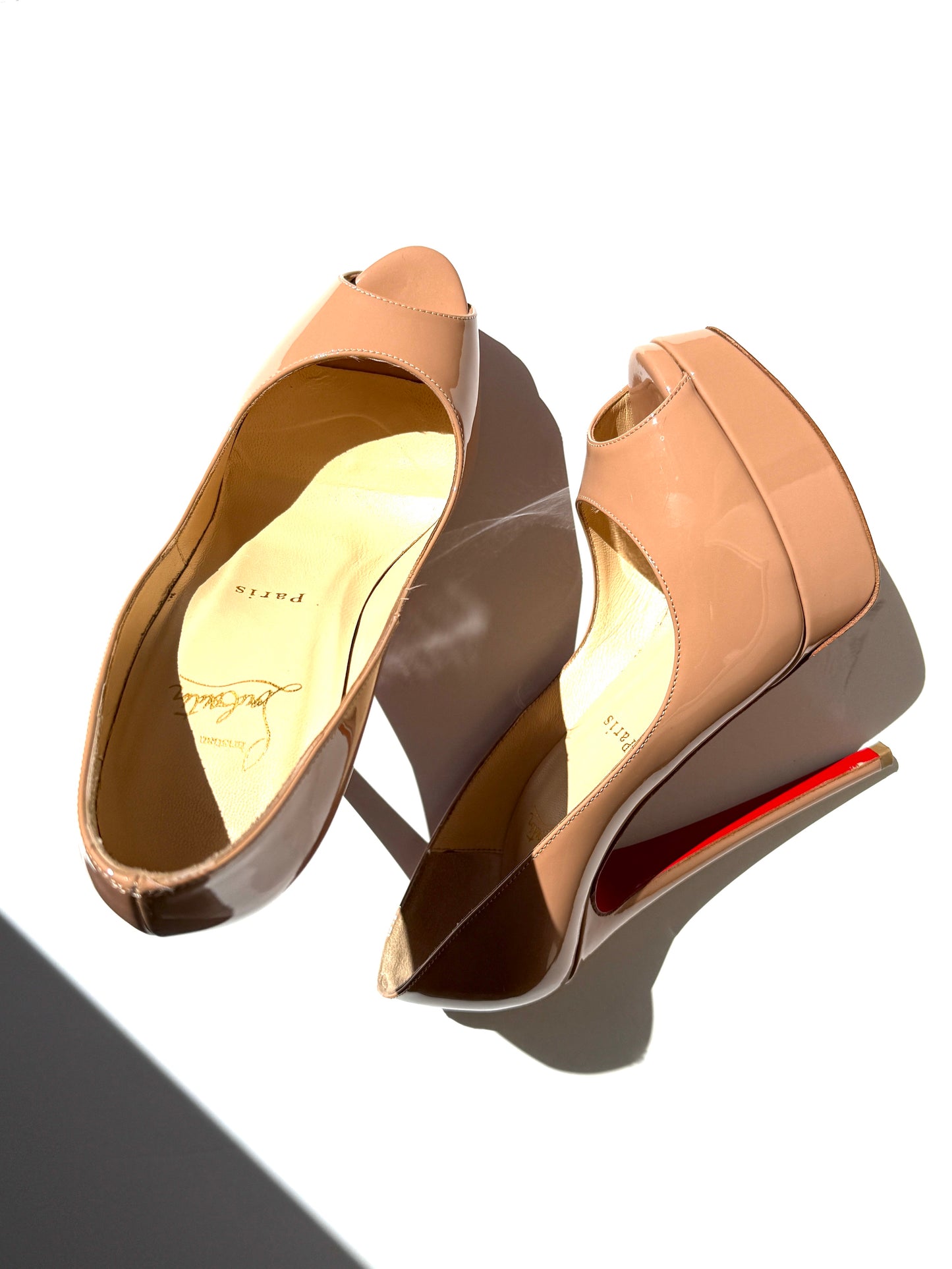 Christian Louboutin Lady Peep Nude Patent Leather Platform 150 Heel Pumps 37.5, 7