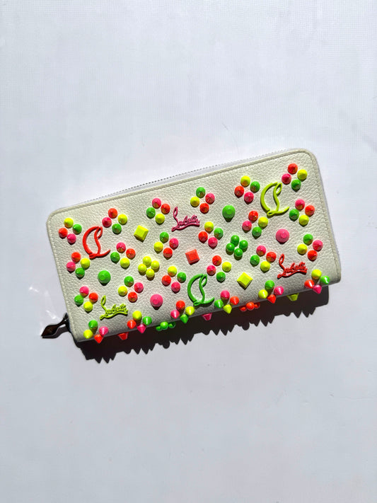 Christian Louboutin Panettone Spike Loubinthesky White Leather Neon Zip Continental Wallet 