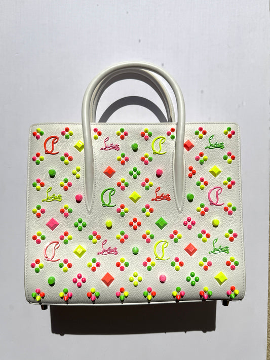 Christian Louboutin Paloma Medium Spike Loubinthesky White Neon Pink Leather Tote