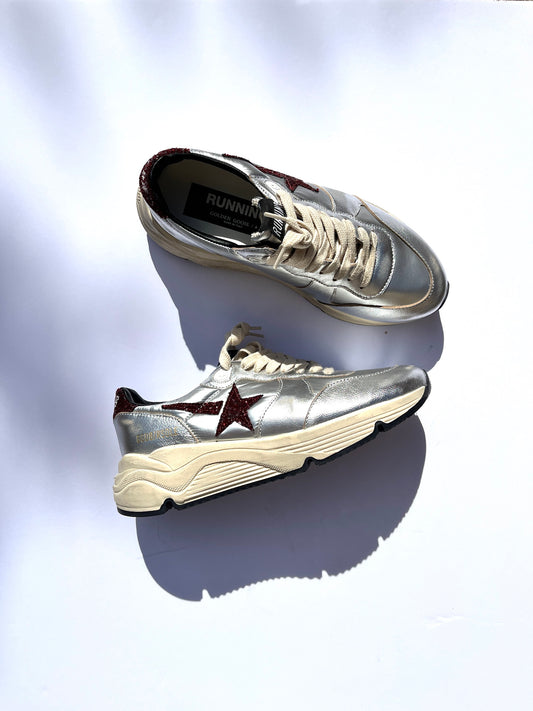 New Golden Goose Running Silver Burgundy Metallic Glitter Sneakers 37