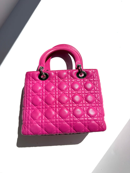 Christian Dior Medium Cannage Lady Dior Pink Lambskin Leather Top Handle Bag