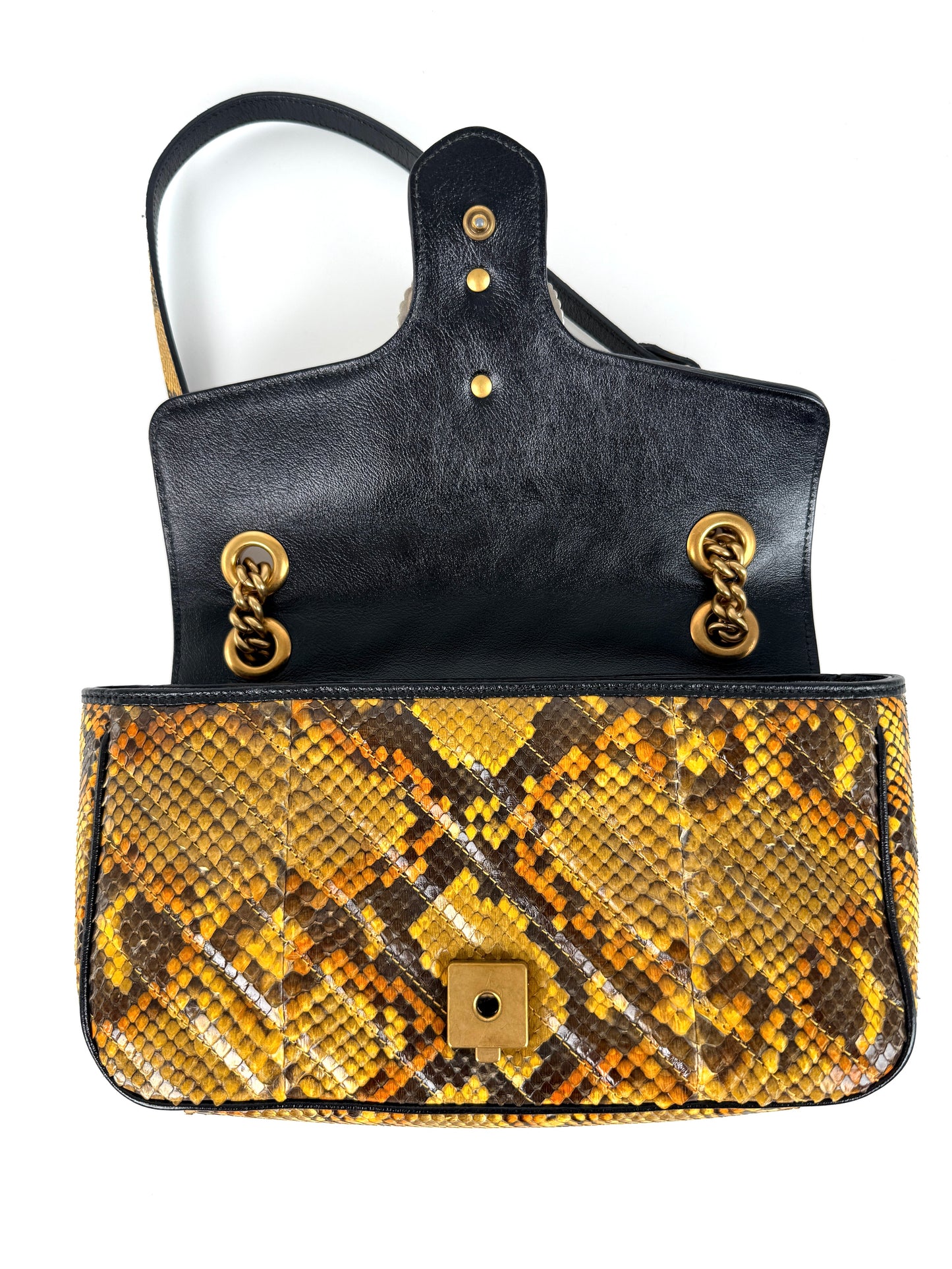 GUCCI GG Marmont Matellase Small Python Snakeskin Black Yellow Crossbody Shoulder Flap Bag