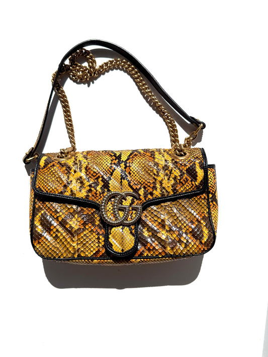 GUCCI GG Marmont Matellase Small Python Snakeskin Black Yellow Crossbody Shoulder Flap Bag