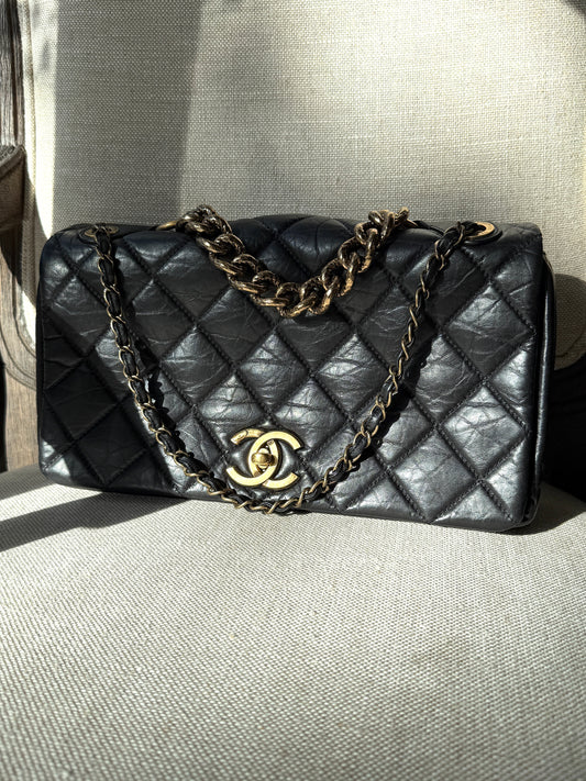 chaNEL Paris Bombay Pondicherry Black Full Flap Aged Quilted Leather Top Handle Shoulder Bag