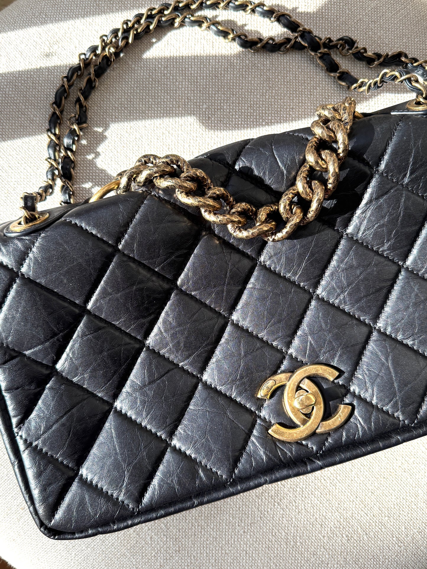CHANEL Paris Bombay Pondicherry Black Full Flap Aged Quilted Leather Top Handle Shoulder Bag