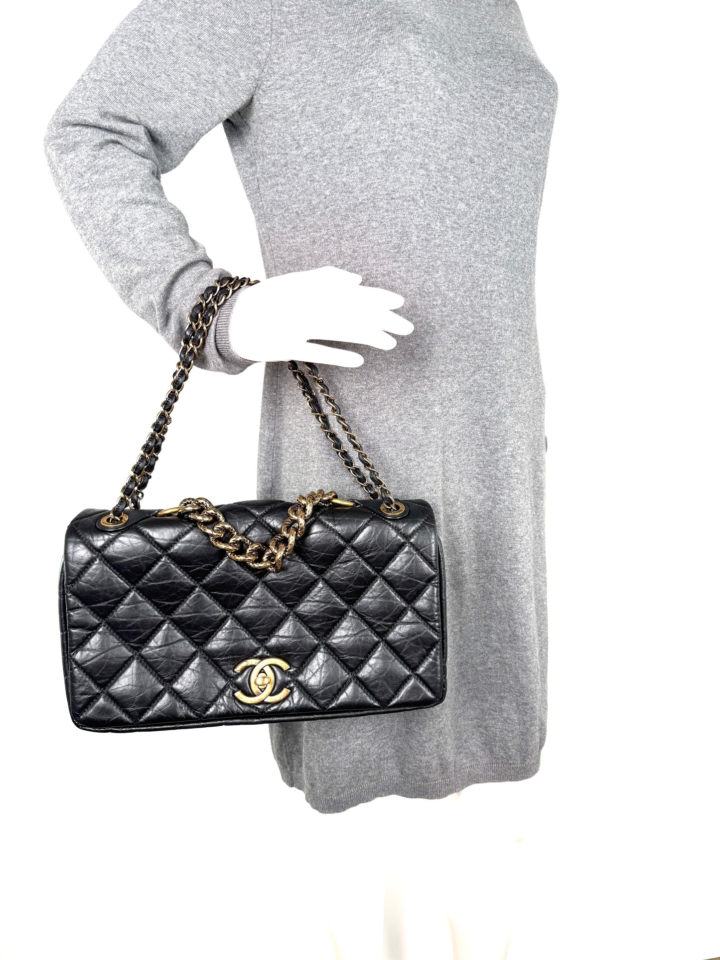 CHANEL Paris Bombay Pondicherry Black Full Flap Aged Quilted Leather Top Handle Shoulder Bag