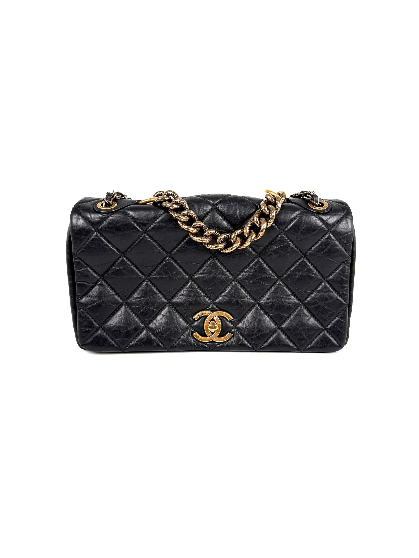 CHANEL Paris Bombay Pondicherry Black Full Flap Aged Quilted Leather Top Handle Shoulder Bag