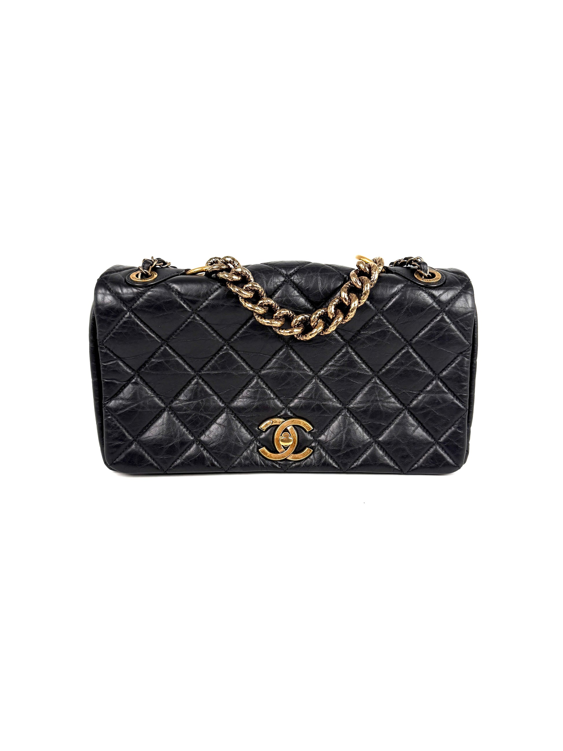 CHANEL Paris Bombay Pondicherry Black Full Flap Aged Quilted Leather Top Handle Shoulder Bag