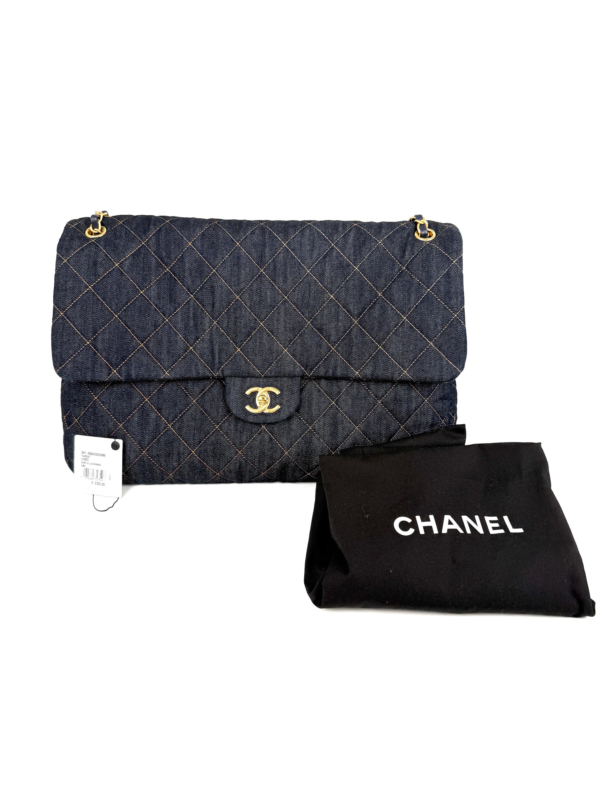 CHANEL Dark Denim Quilted XXL Travel Flap Dark Blue Orange Shoulder Crossbody Bag 