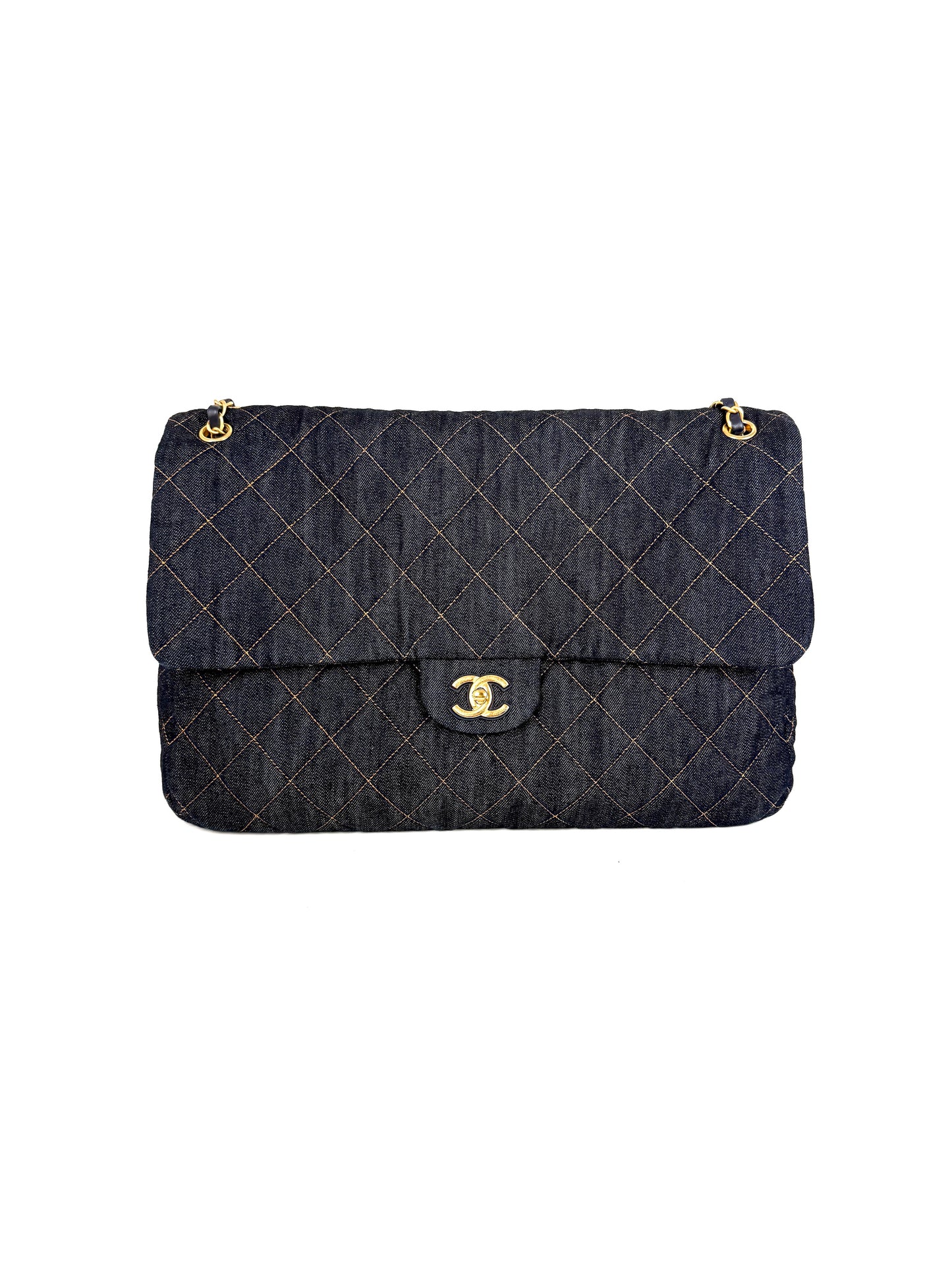CHANEL Dark Denim Quilted XXL Travel Flap Dark Blue Orange Shoulder Crossbody Bag 
