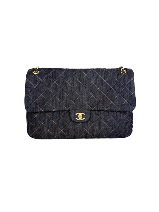 CHANEL Dark Denim Quilted XXL Travel Flap Dark Blue Orange Shoulder Crossbody Bag 
