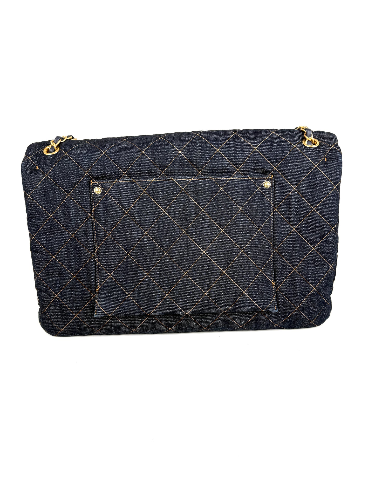 CHANEL Dark Denim Quilted XXL Travel Flap Dark Blue Orange Shoulder Crossbody Bag