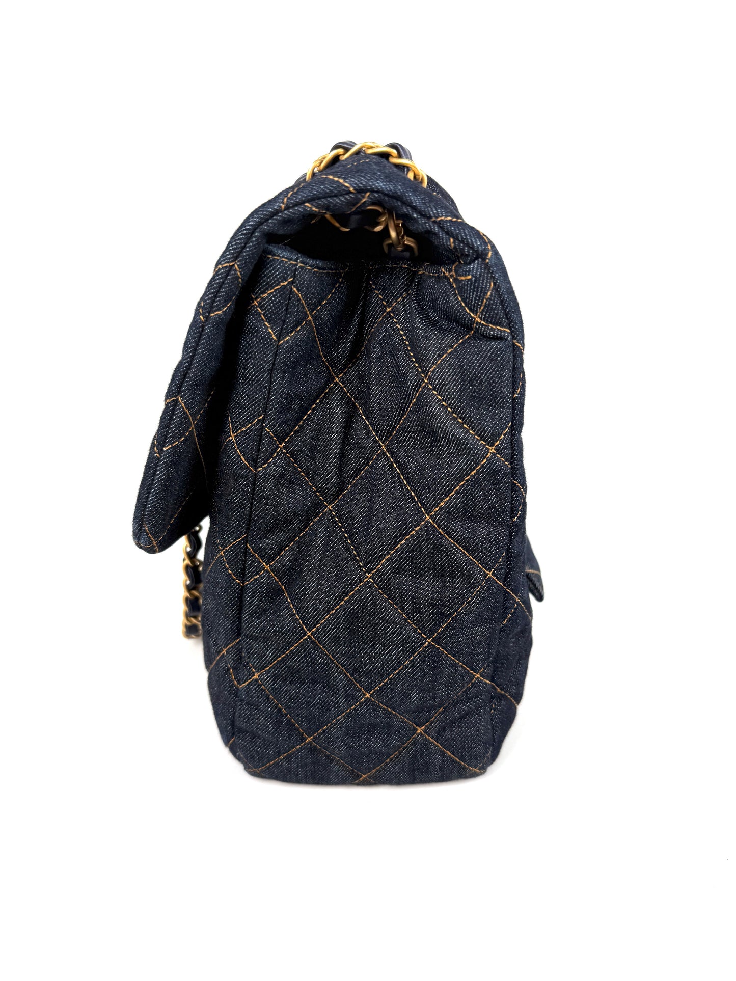CHANEL Dark Denim Quilted XXL Travel Flap Dark Blue Orange Shoulder Crossbody Bag