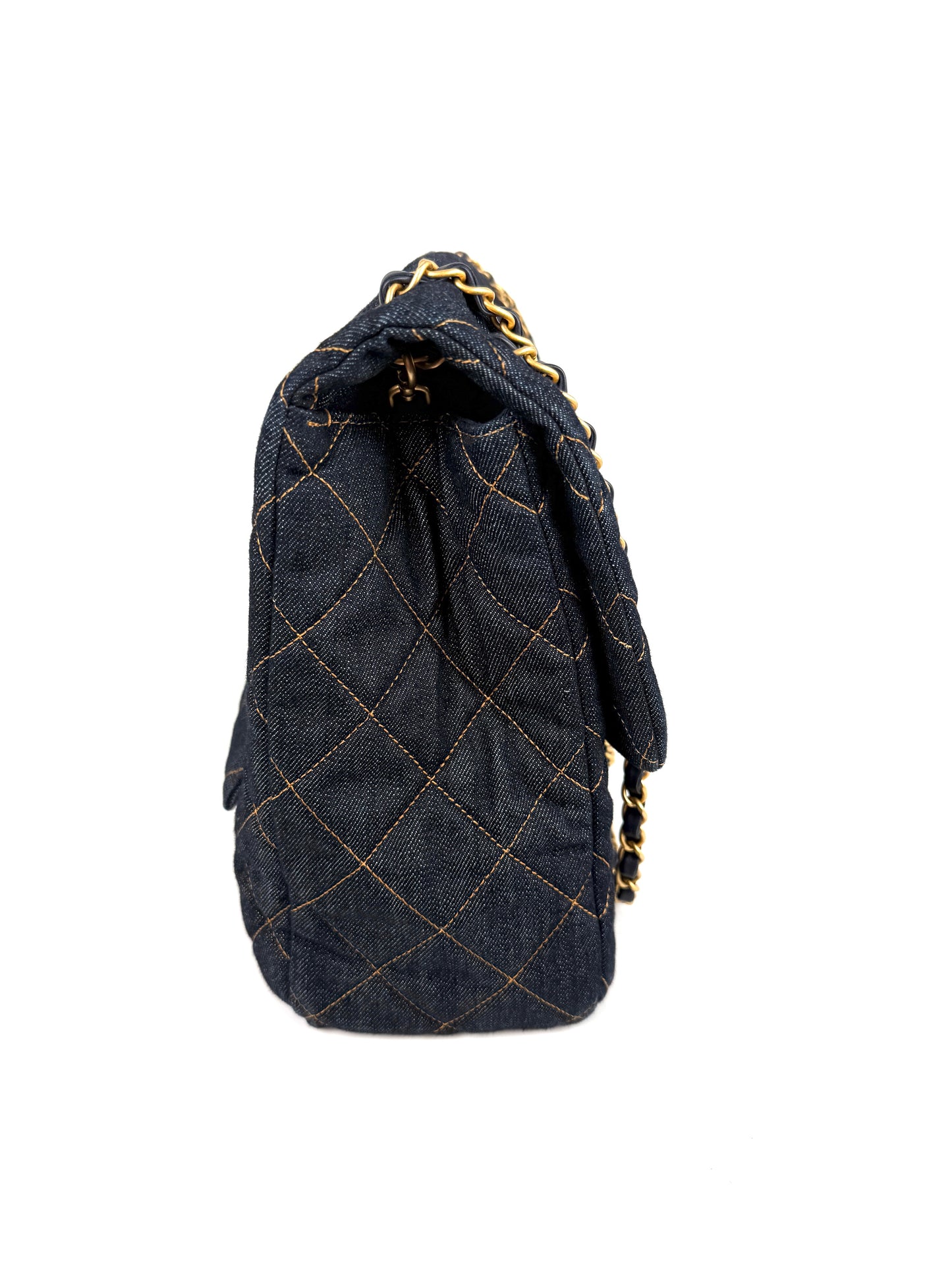 CHANEL Dark Denim Quilted XXL Travel Flap Dark Blue Orange Shoulder Crossbody Bag