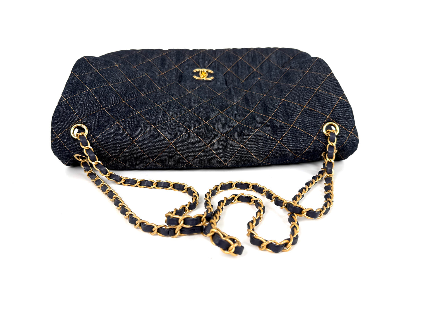 CHANEL Dark Denim Quilted XXL Travel Flap Dark Blue Orange Shoulder Crossbody Bag
