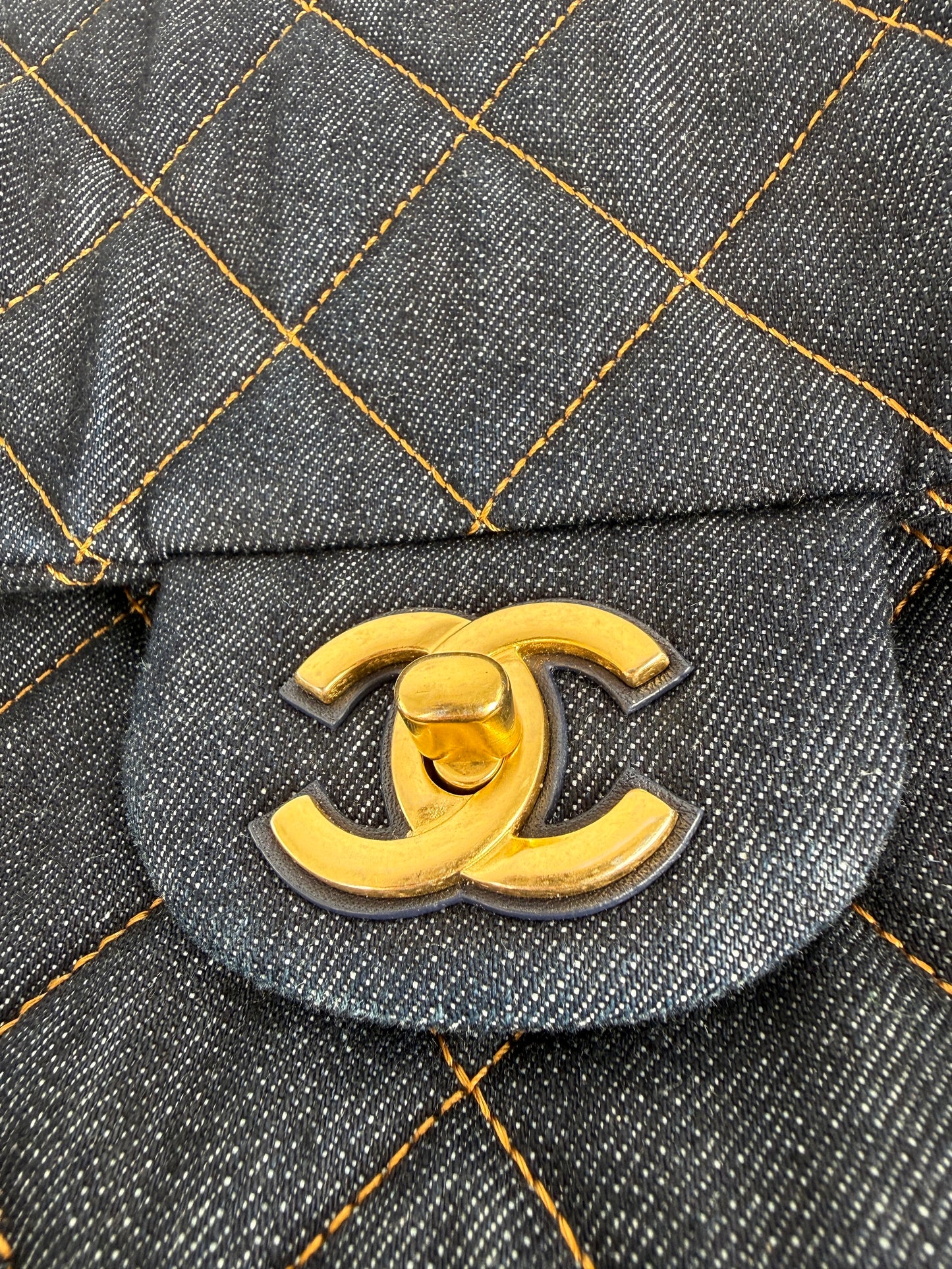CHANEL Dark Denim Quilted XXL Travel Flap Dark Blue Orange Shoulder Crossbody Bag