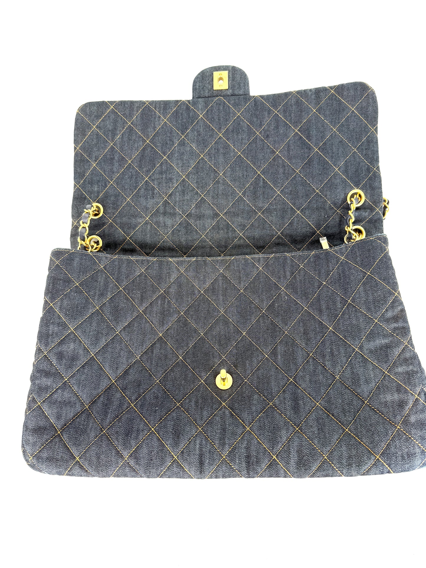 CHANEL Dark Denim Quilted XXL Travel Flap Dark Blue Orange Shoulder Crossbody Bag