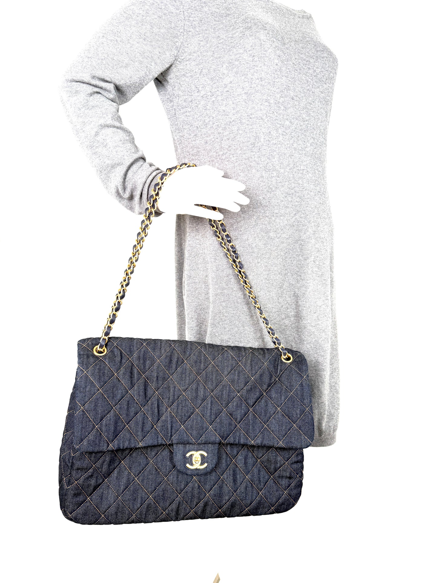 CHANEL Dark Denim Quilted XXL Travel Flap Dark Blue Orange Shoulder Crossbody Bag 