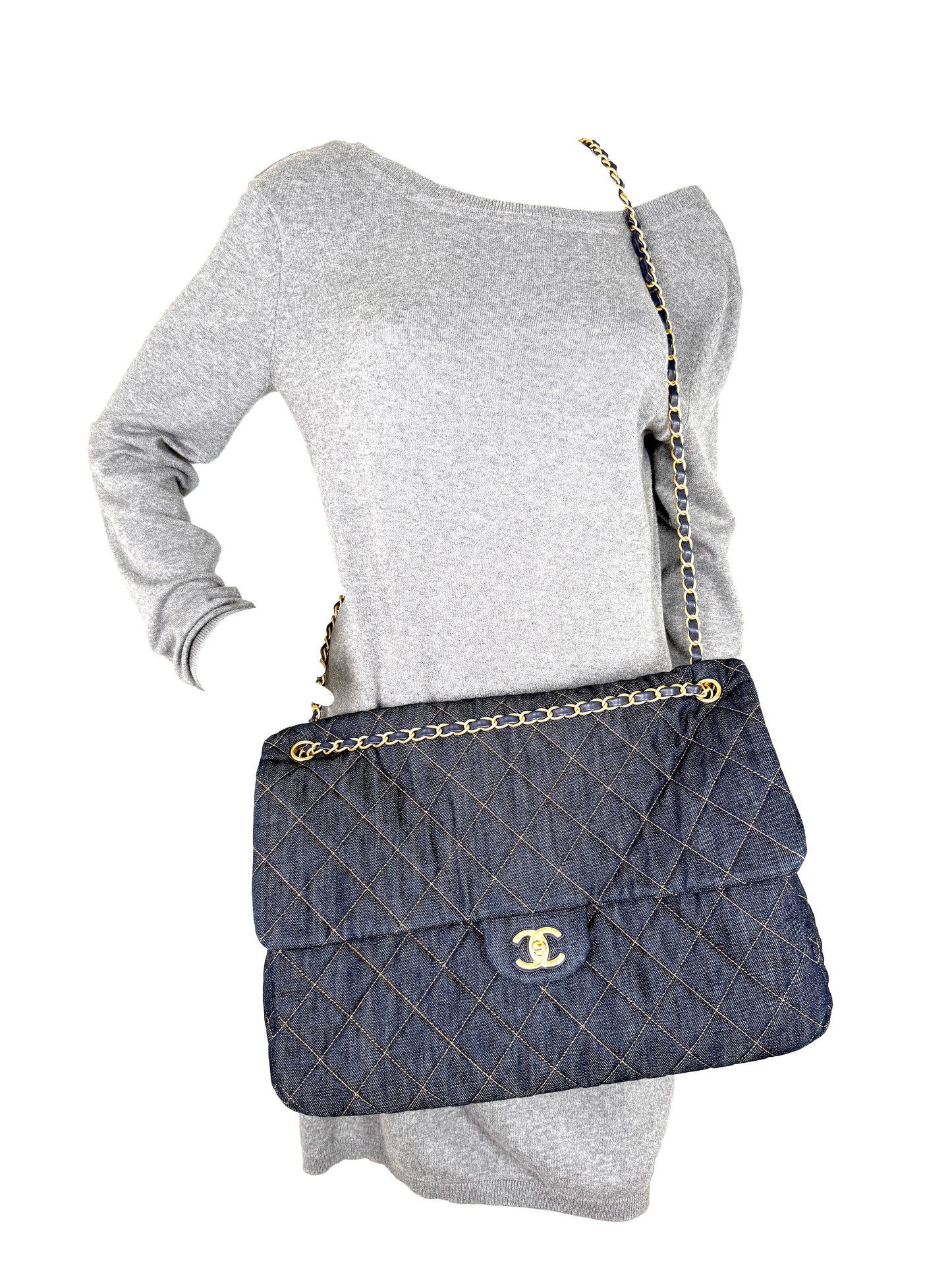 CHANEL Dark Denim Quilted XXL Travel Flap Dark Blue Orange Shoulder Crossbody Bag 