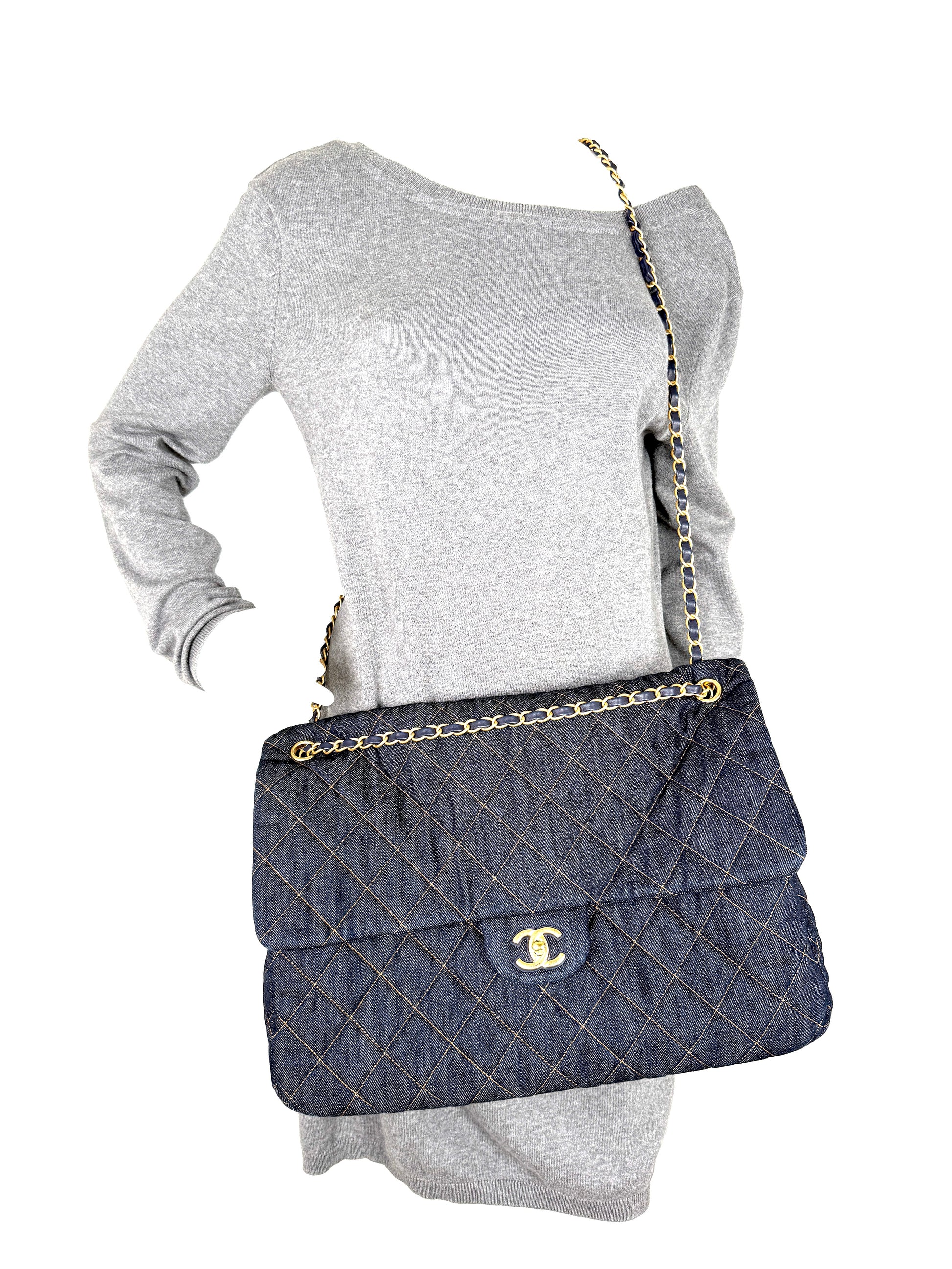 CHANEL Dark Denim Quilted XXL Travel Flap Dark Blue Orange Shoulder Crossbody Bag 