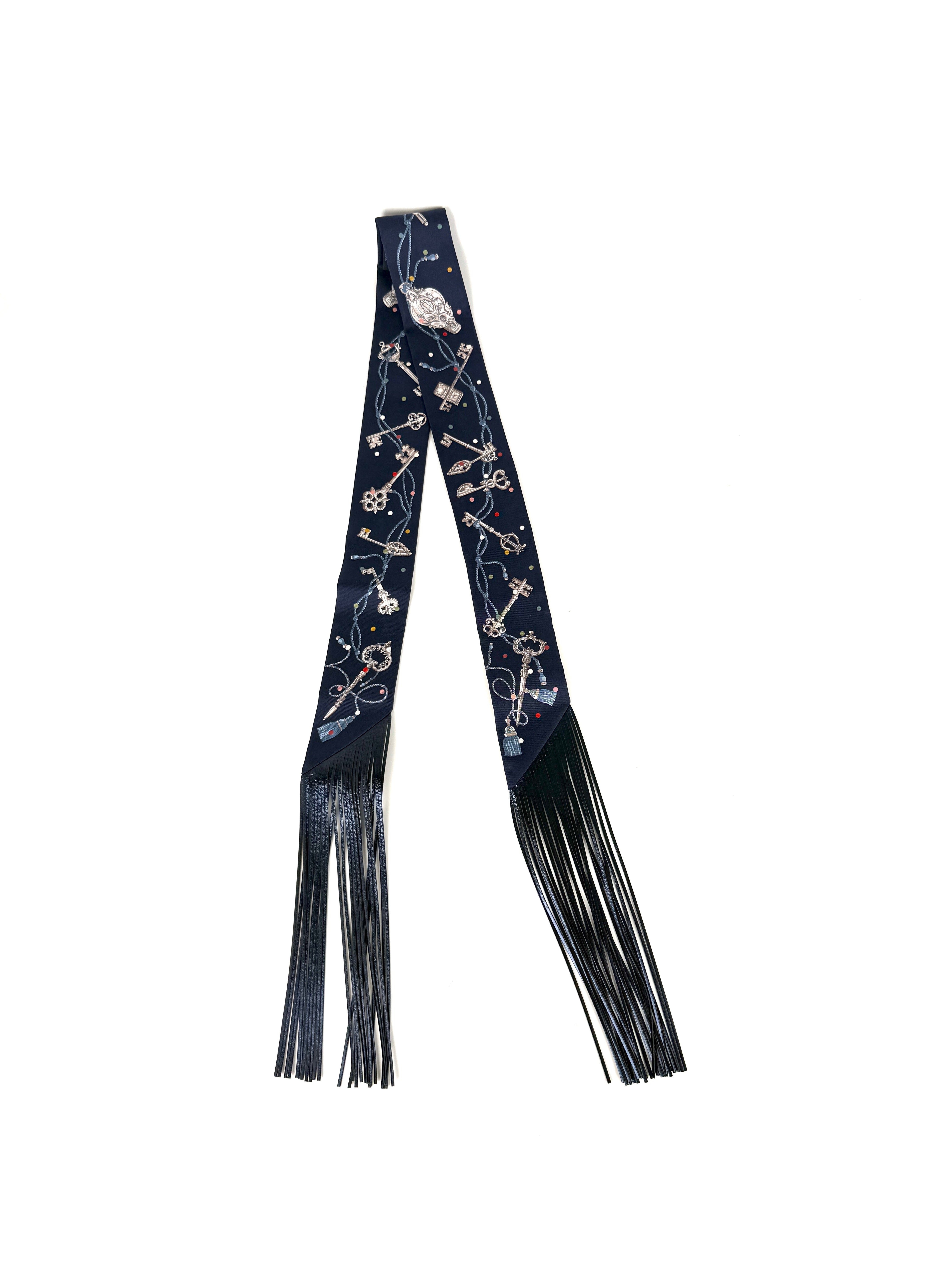 HERMES Les Cles a Pois Bleu Marine Gris Argent Silk Calfskin