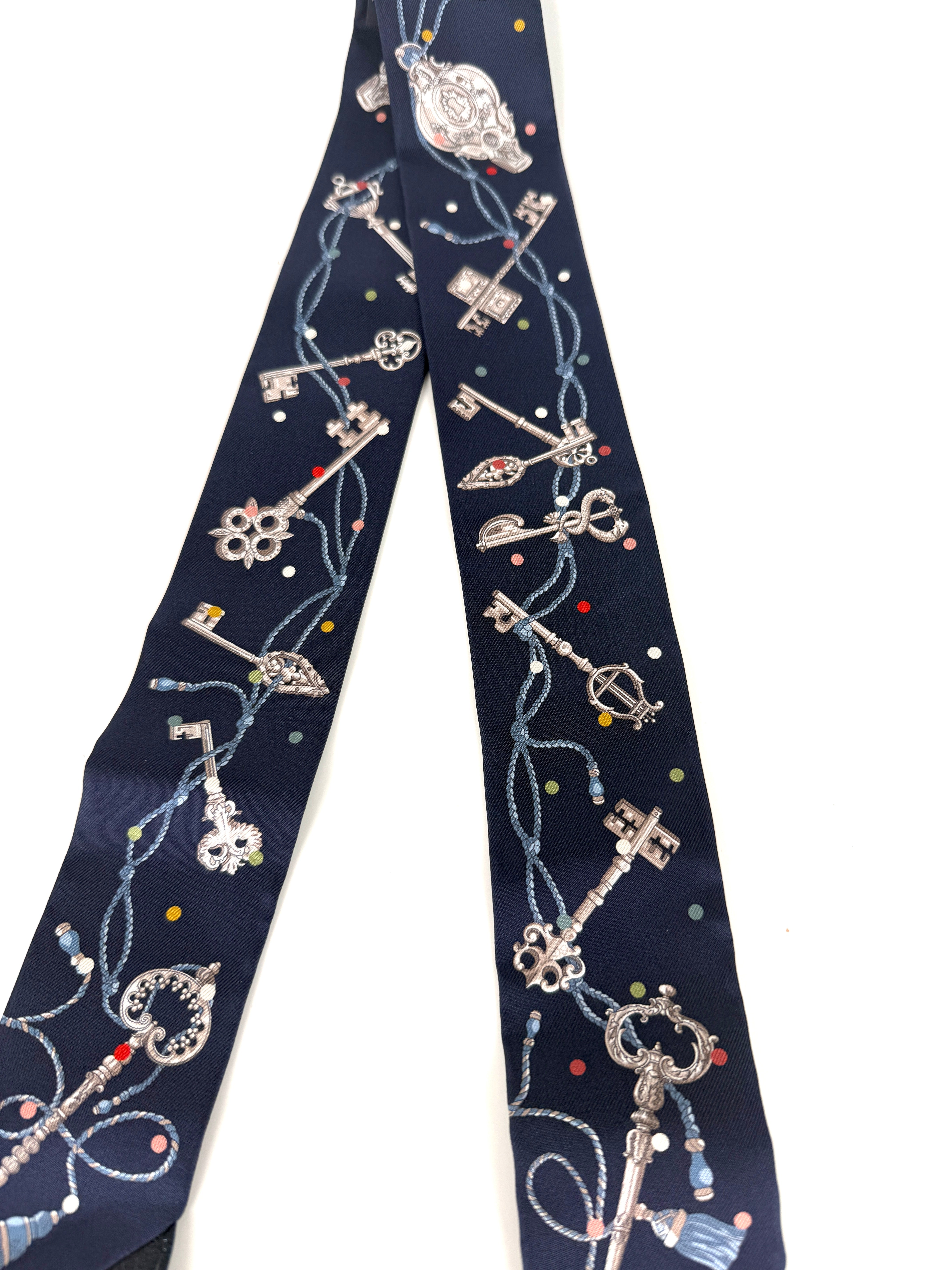 HERMES Les Cles a Pois Bleu Marine Gris Argent Silk Calfskin