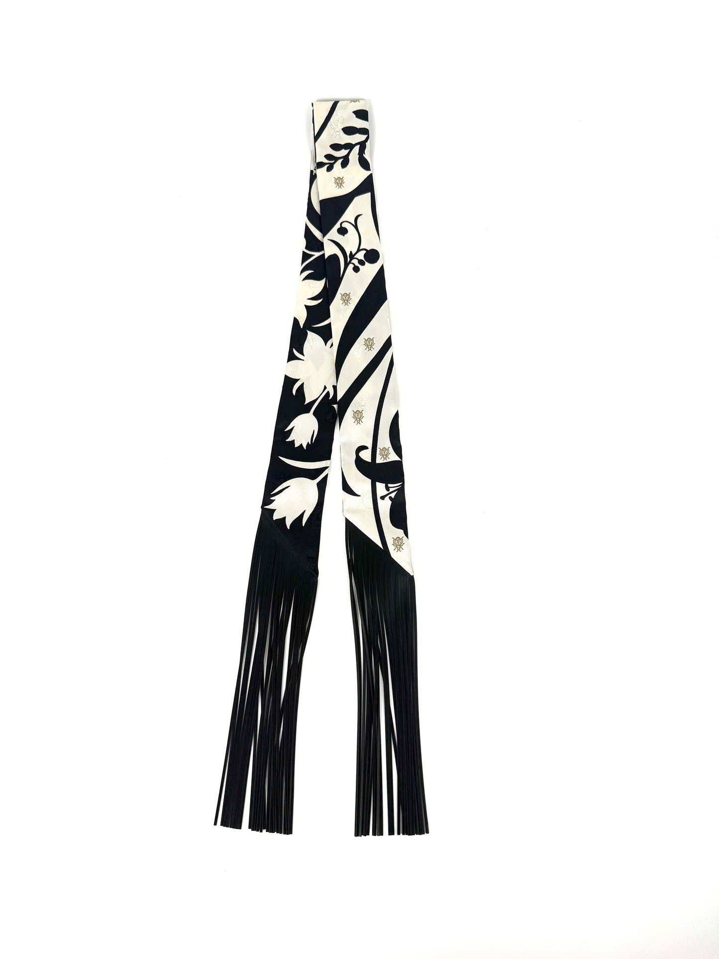 HERMES Bouquet Final Black Cream Silk Calfskin Leather Fringes Twilly Scarf New