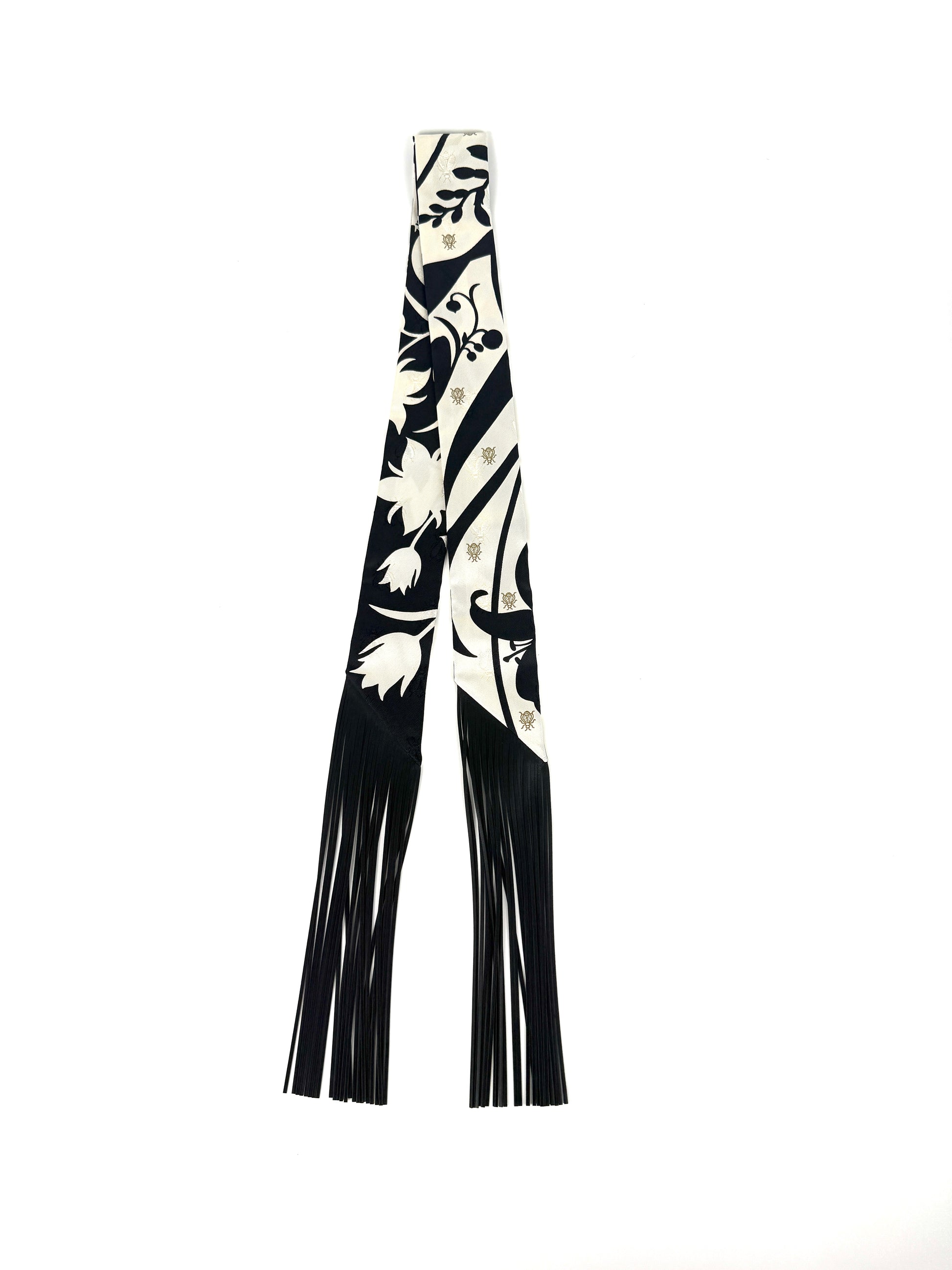 HERMES Bouquet Final Black Cream Silk Calfskin Leather Fringes Twilly Scarf New