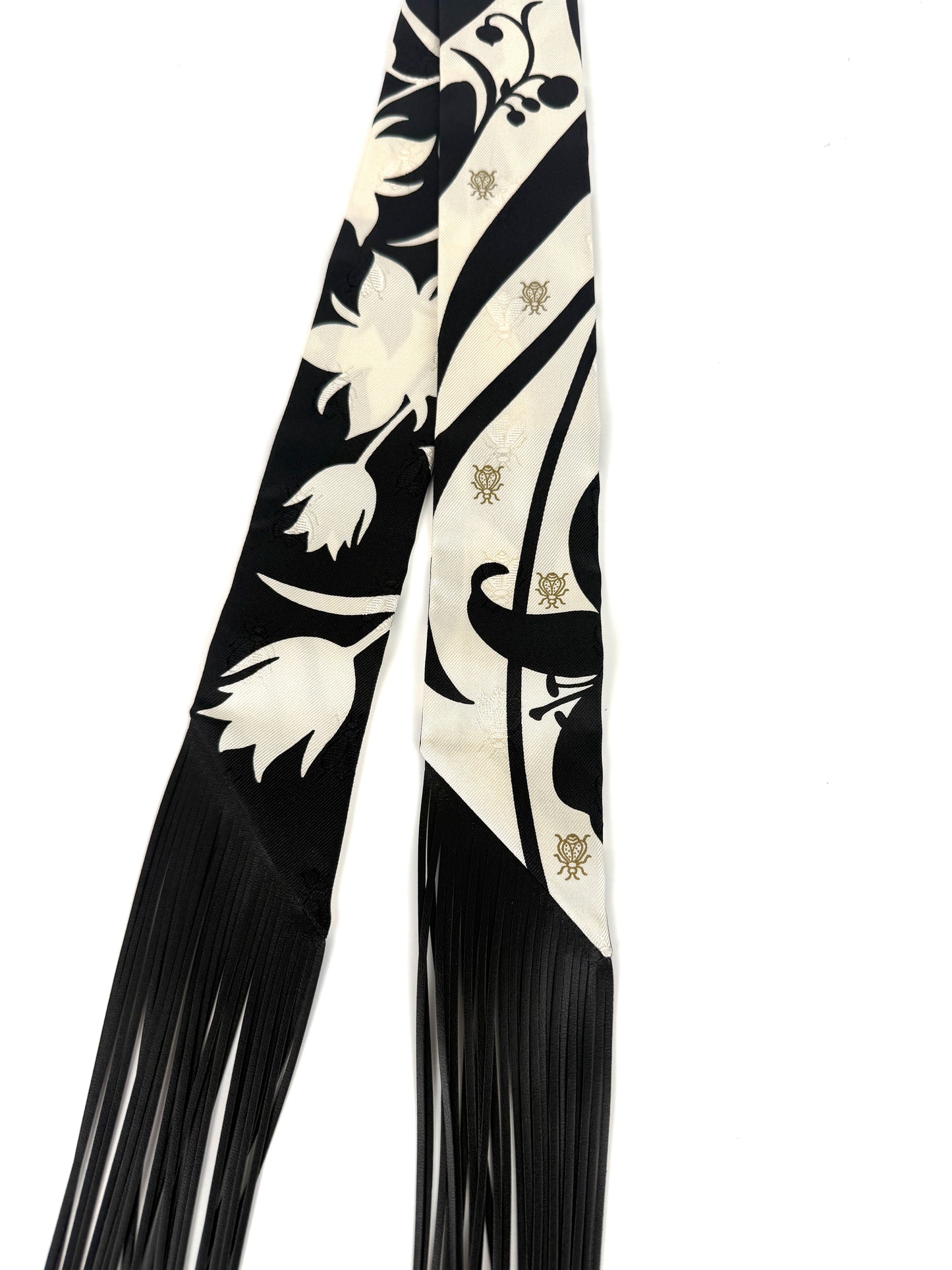 HERMES Bouquet Final Black Cream Silk Calfskin Leather Fringes Twilly Scarf New