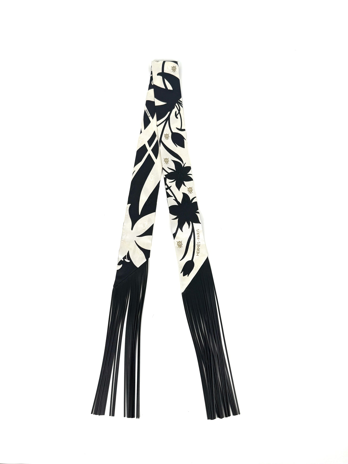 HERMES Bouquet Final Black Cream Silk Calfskin Leather Fringes Twilly Scarf New
