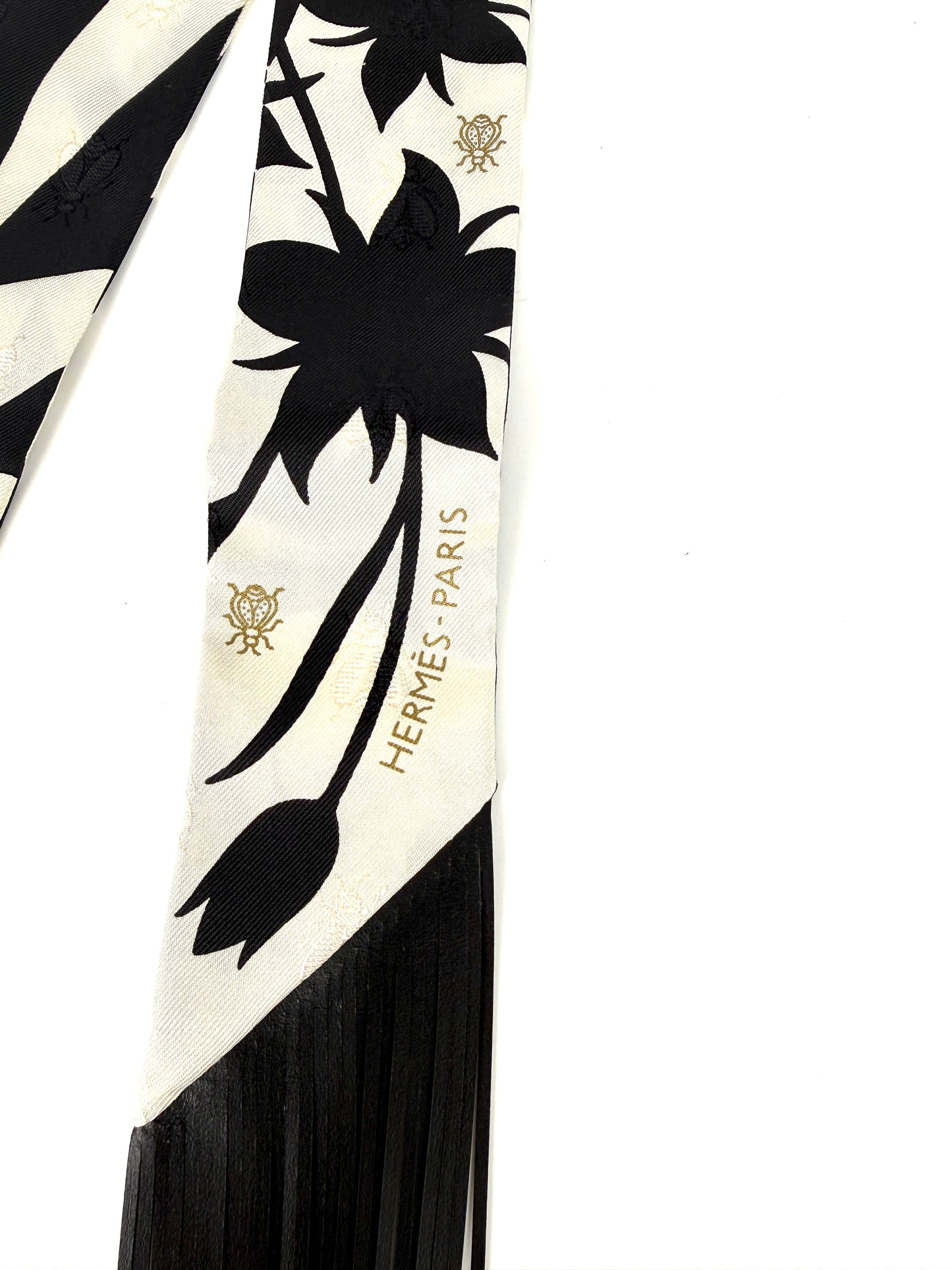 HERMES Bouquet Final Black Cream Silk Calfskin Leather Fringes Twilly Scarf New