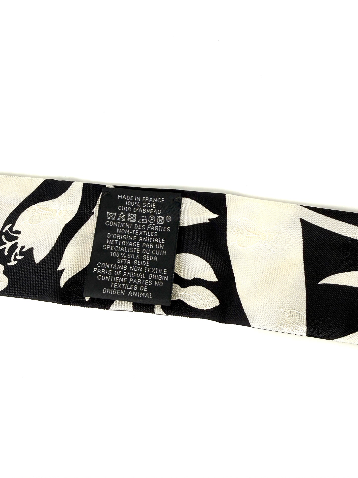 HERMES Bouquet Final Black Cream Silk Calfskin Leather Fringes Twilly Scarf New