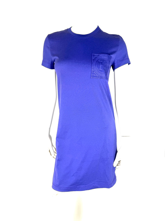 Hermes Embroidered Pocket Violet Purple Cotton Crew Neck Shirt Dress 34 2 New