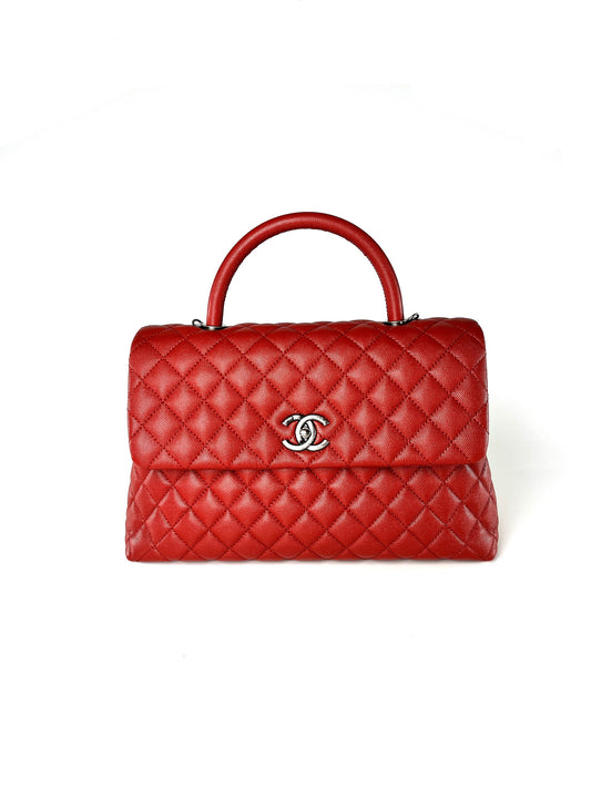 CHANEL Red Medium Coco Handle Top Handle Quilted Caviar Leather Bag