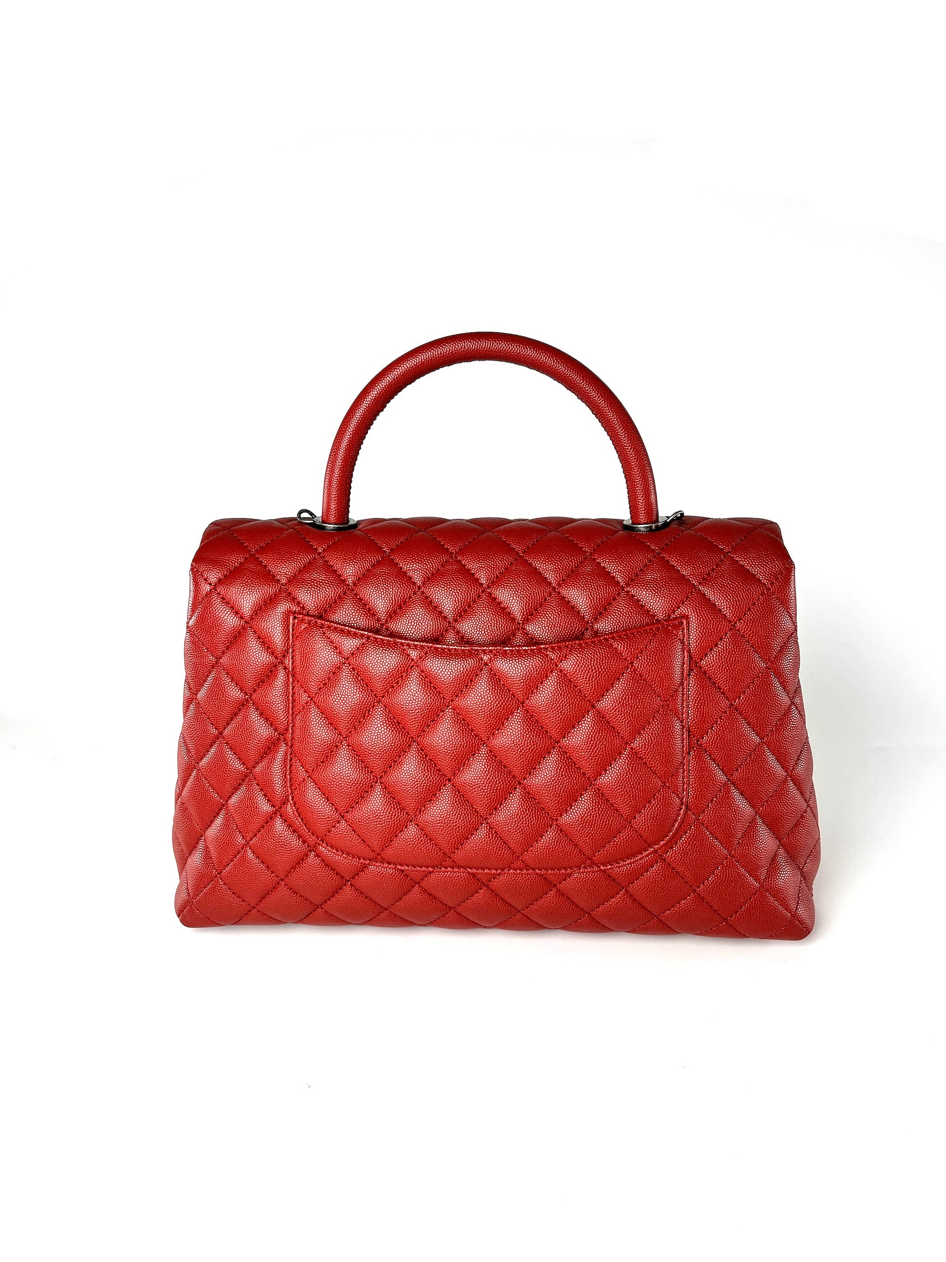 CHANEL Red Medium Coco Handle Top Handle Quilted Caviar Leather Bag