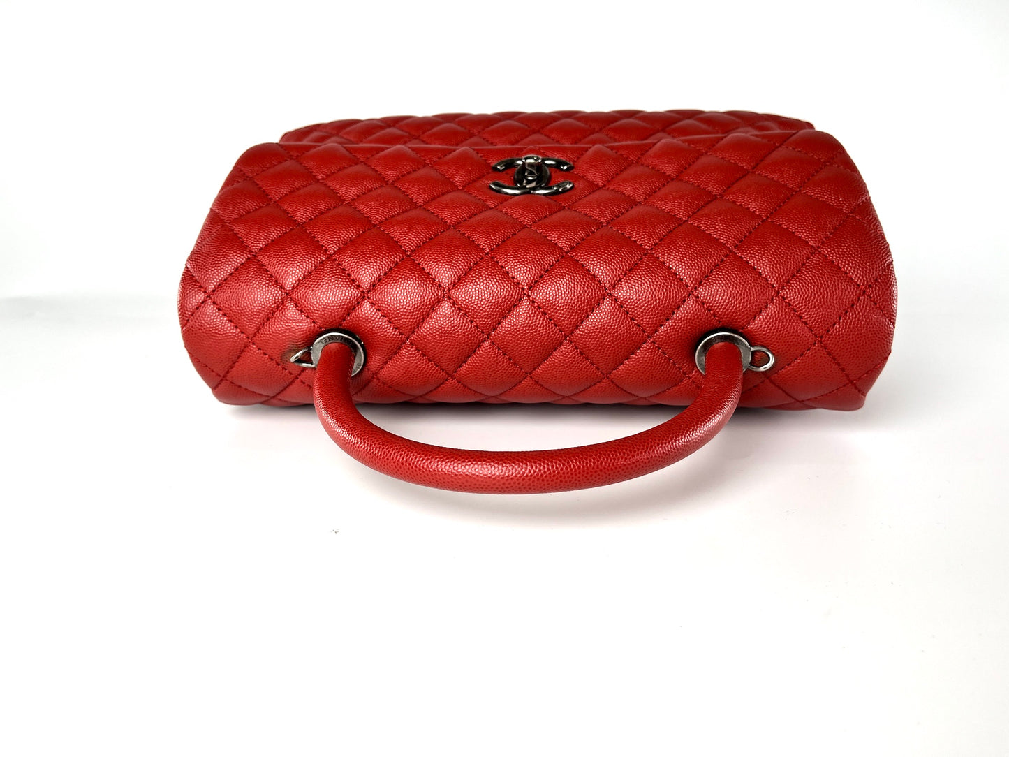 CHANEL Red Medium Coco Handle Top Handle Quilted Caviar Leather Bag