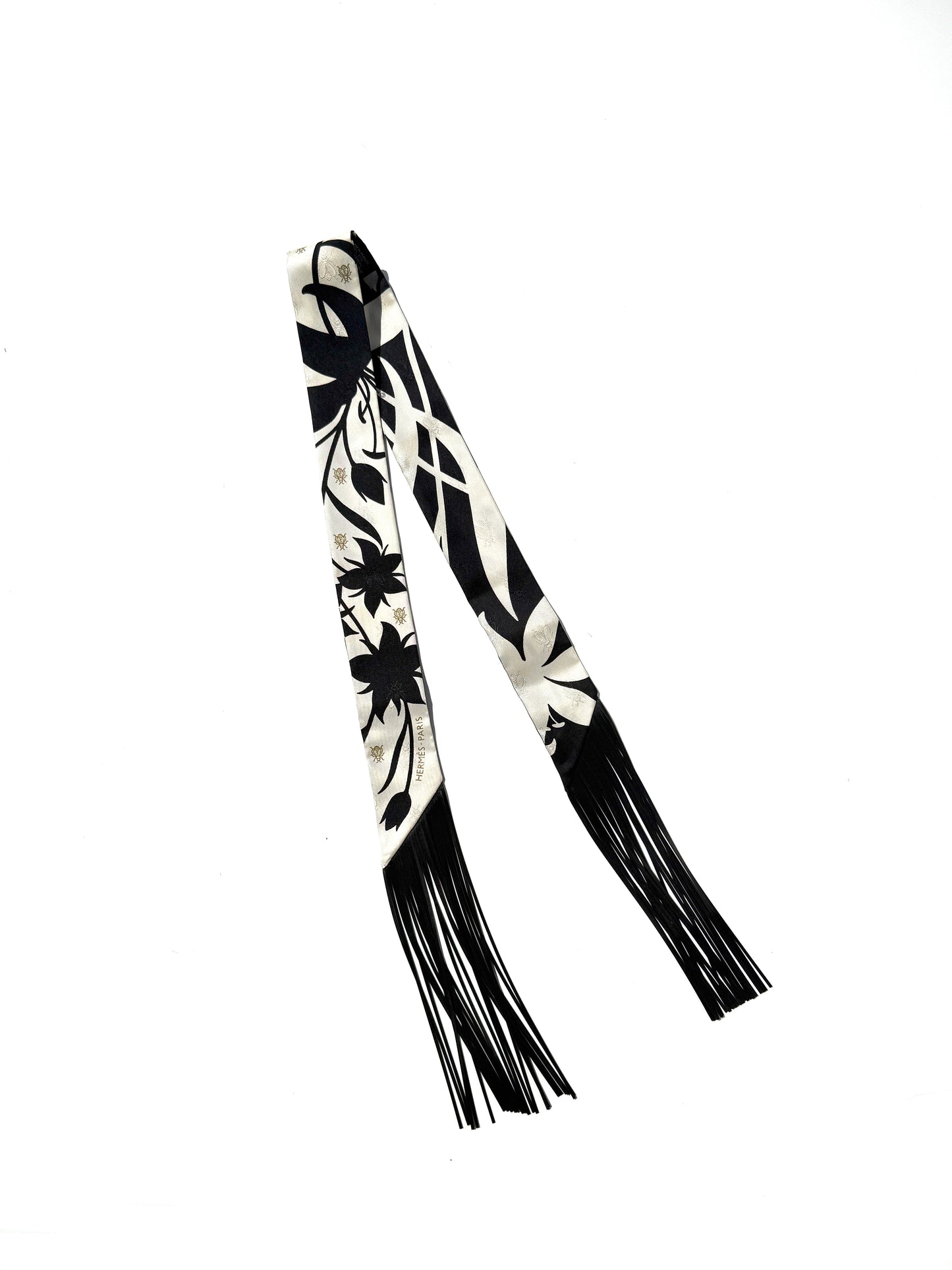HERMES Bouquet Final Black Cream Silk Calfskin Leather Fringes Twilly Scarf New
